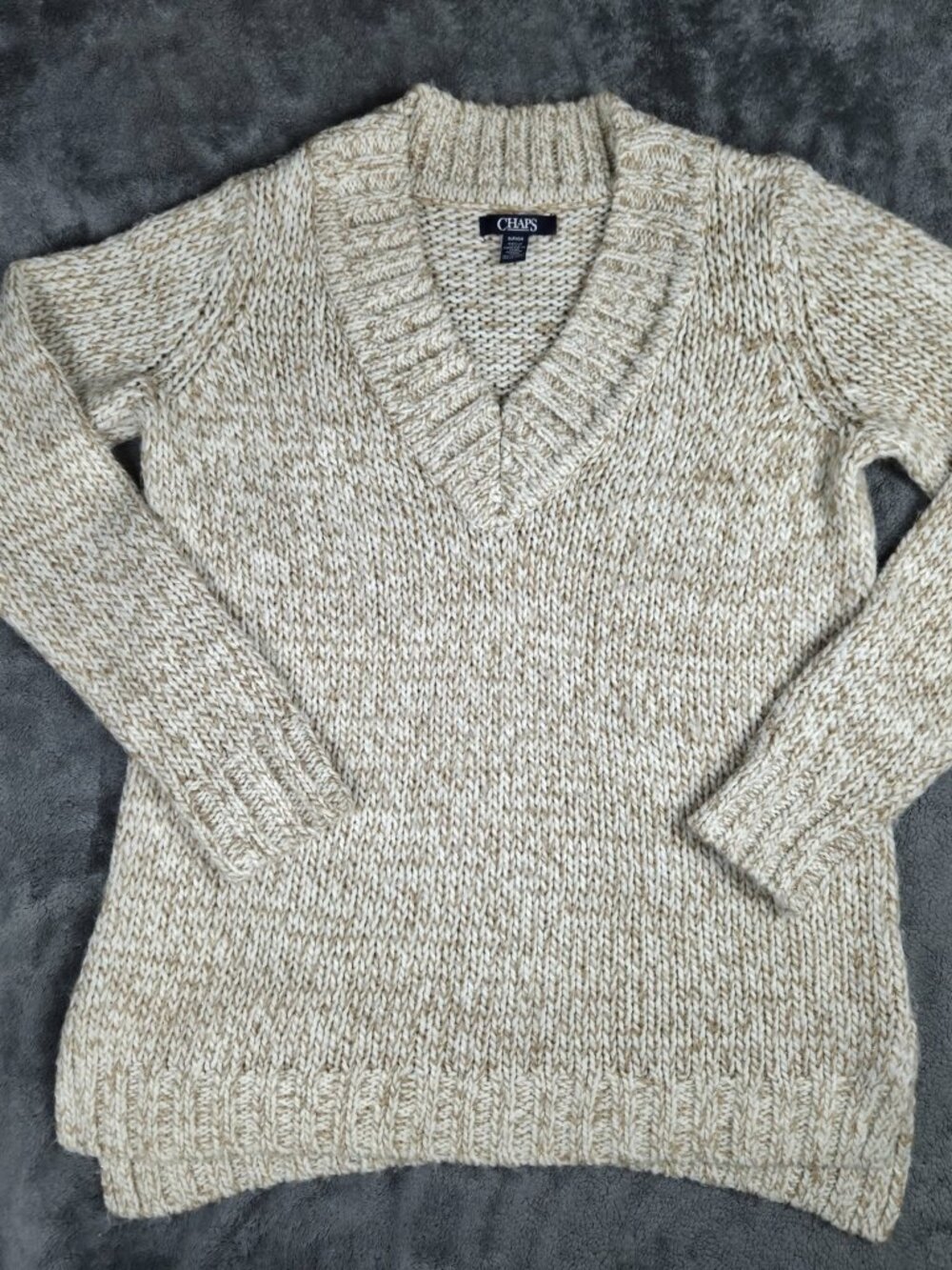 Chaps Sweater Womens Small Tan Beige White V-Neck Marled Knit Metallic Gold